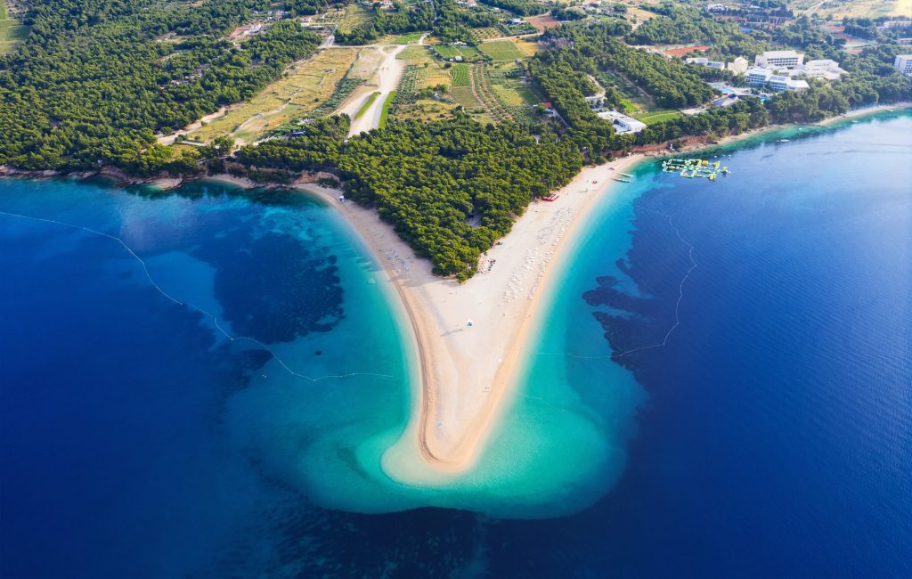 Zlatni rat beach, Hvar island, Croatia. Aerial landscape